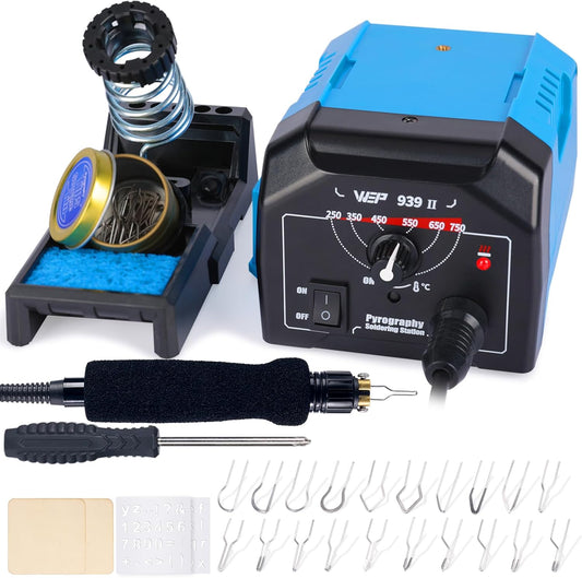 WEP 939-II Pyrography Station Wood Burning Kit 32-IN-1 with 20 Wood Burner Tips Comfort Pen with 2 Letter Number Stencils, 2 Unfinished Wood, 1 Pen Holder Woodburning Tools