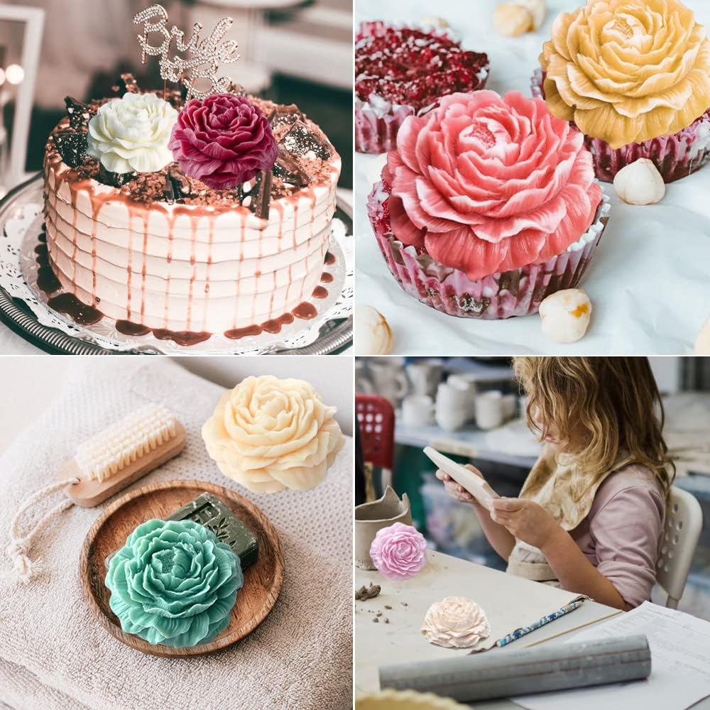 2PCS Peony Flower Silicone Soap Molds 3D Resin Candle Molds Flower Fondant Silicone Mold for Handmade Cake Decoration Cupcake Jelly Candy Chocolate Epoxy Casting Resin Craft
