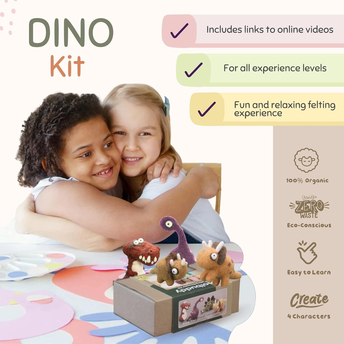 Woolbuddy Needle Felting Kit - Felted Dinosaurs for Beginners, Adults & Kids, Includes Wool, Pad, 4 Needles, and Instructions