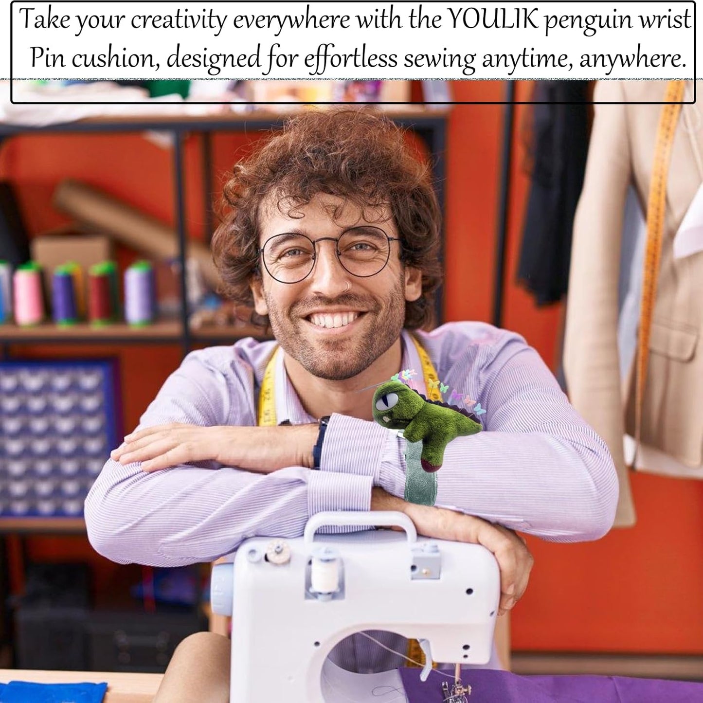 Cute Dinosaurs Wrist Pin Cushion for Sewing with Magnetic, Snap Bracelet Wrist Bands for Pins and Needles Include 50 Lovely Butterfly Straight Pins.