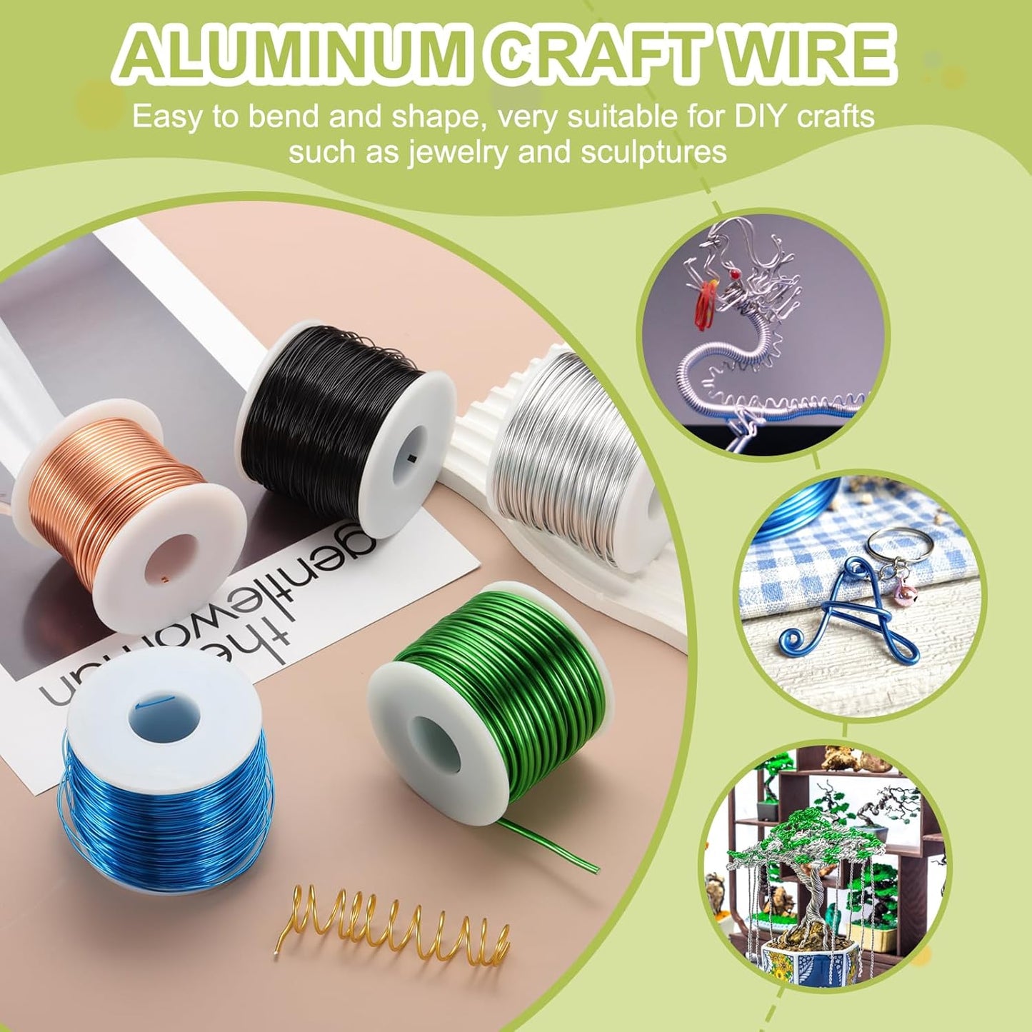 MECCANIXITY 18 Gauge Anodized Aluminum Craft Wire Bendable Bonsai Training Wire 492 Feet 1mm for Sculpting Crafts Wreath Floral Beading Jewelry Making, Green