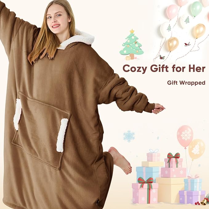 yescool Wearable Blanket Hoodie, Flannel Sherpa Fleece Blanket Sweatshirt for Adults Women Men,One Size Fits All