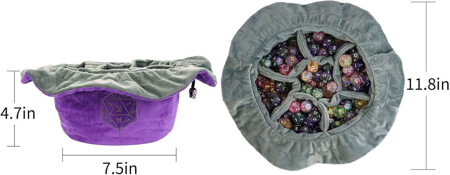 DND Dice Bags Large with Pockets Purple Storage Bag with D20 Logo for RPG Game Dices - Capacity 200+ Dice