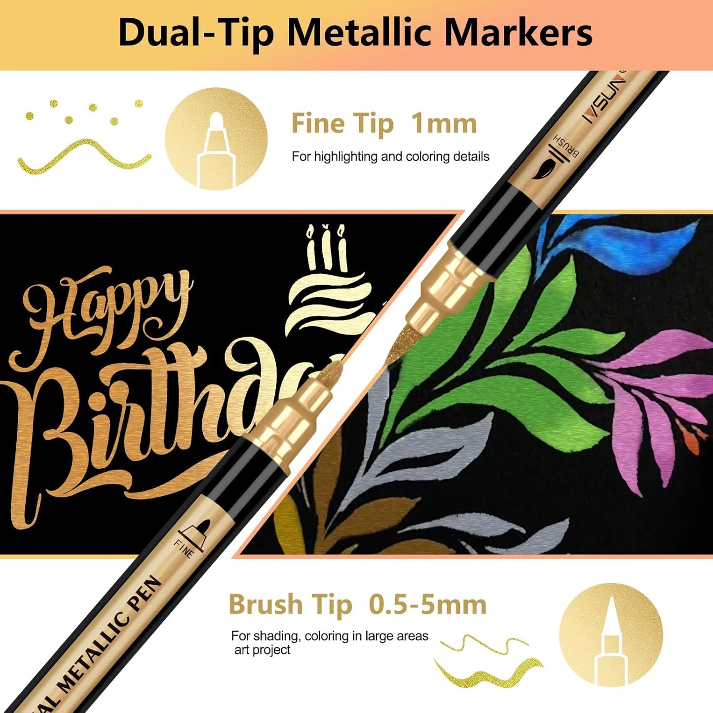 Metallic Marker Pens, 12 Colors Dual Tip Acrylic Paint Pens for Black Paper, Scrapbooking, Photo Album, Rock Painting, Paint Marker for DIY Arts & Crafts, Glass, Wood, Card Making, Scrapbook Supplies