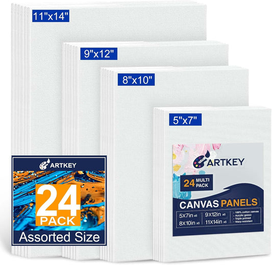 Canvas Panels 24-Pack 5x7, 8x10, 9x12, 11x14 Inch, 10 oz Primed 100% Cotton Canvases for Painting, White Blank Flat Canvas Boards for Oil Acrylics Watercolor Tempera Paint
