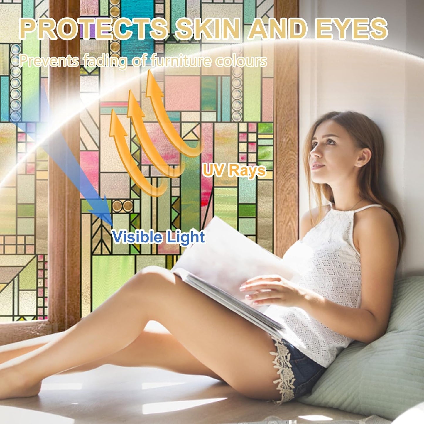 3D Stained Glass Window Privacy Film, Heat Control UV Blocking Static Cling Decorative Window Film for Bathroom,Front Door,Home Non Adhesive,Colorblock 16.9 x 39.3 inches