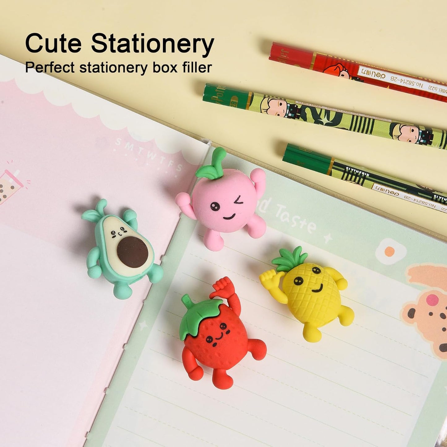 HILAZA 16Pcs Pencil Top Erasers for Kids, 3D Cute Fruit Pencil Toppers, Bulk Fun Pencil Cap Easters for School Classroom Supplies Prize Gifts Party Favors