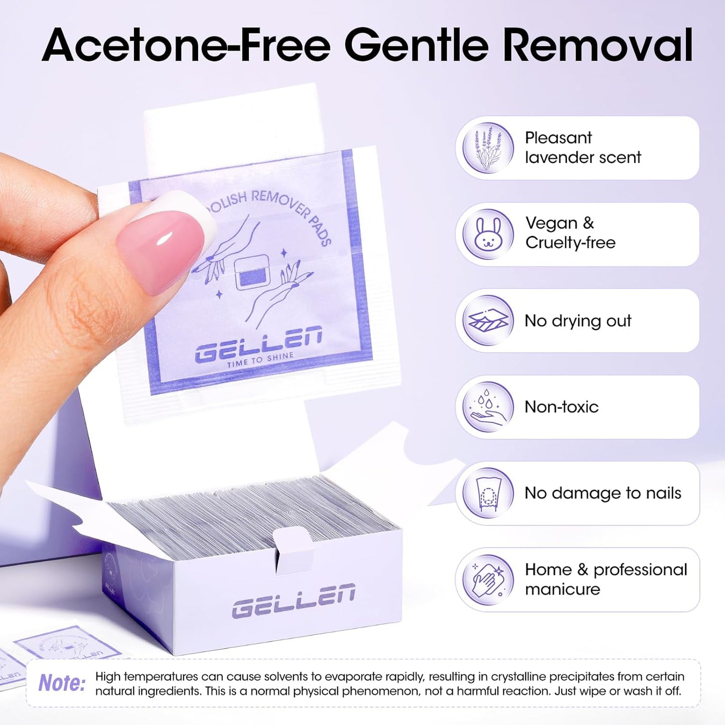 Gellen 200 Pack Nail Polish Remover Pads, 100% Non-Acetone, Travel Individually Wrapped Remover Pads for Regular Nail Polishes & Gel Polish, Lavender Oil No Drying Out for Home Salon