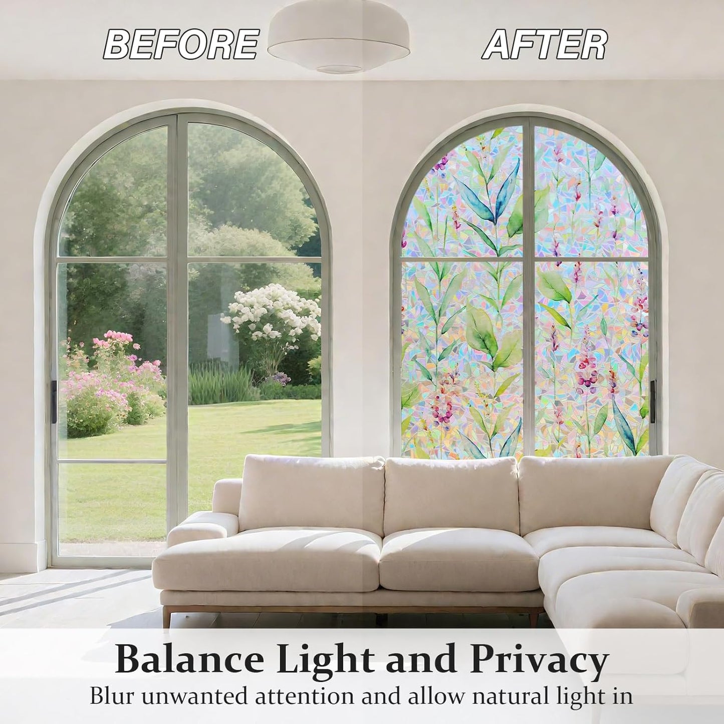 Donox Decorative Window Privacy Film, 3D Floral Stained Glass Window Film Static Cling Rainbow Privacy Sticker for Glass Door Heat Control Anti UV, No Adhesive (Gladiolus,35.4 x 157.4 inches)