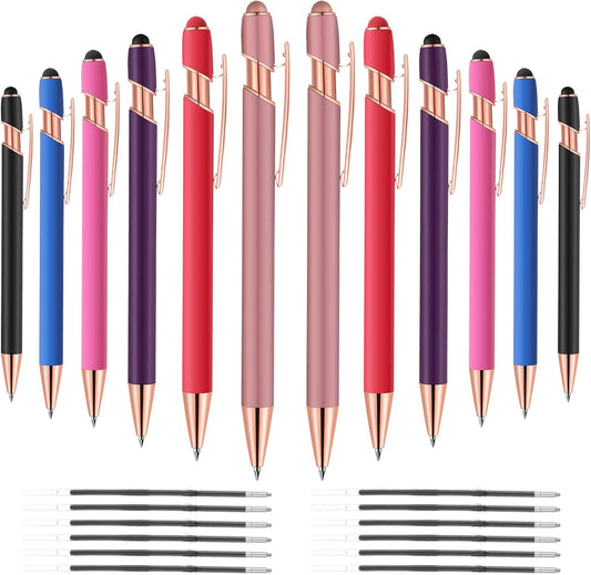 12 PCS 2 in 1 Stylus Ballpoint Pen with Stylus Tip, 1.0 mm Black Ink Metal Pen Stylus Pen for Touch Screens (Rose glod & 6 Colors)