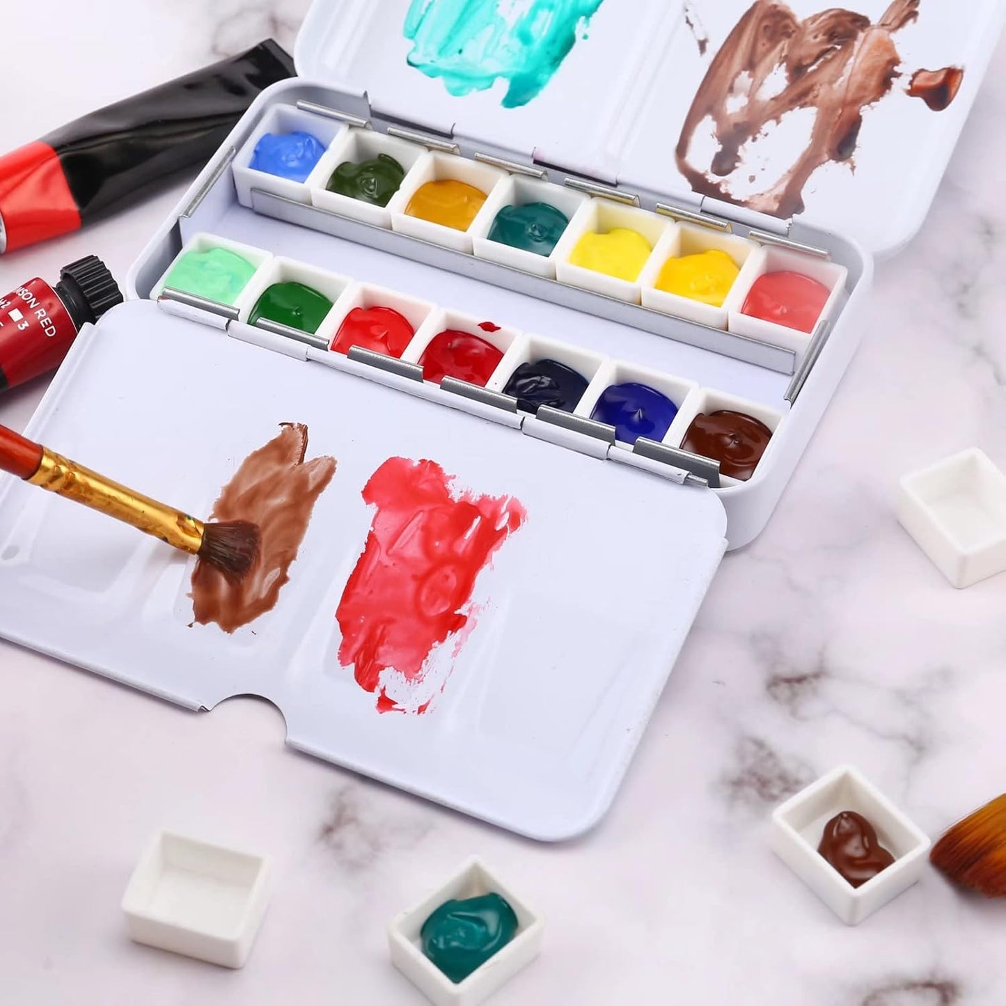 LOONENG Empty Watercolor Palette, Empty Watercolor Tin with Fold Out Palette, Small Colorful Watercolor Tray Palette with 14 Empty Half Pans for Plein Air Painting and Sketching