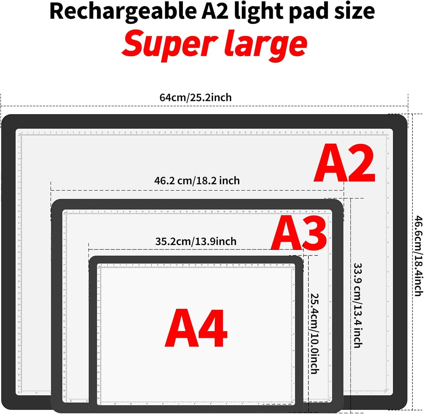 TOHETO Rechargeable Magnetic A2 Light Board 25.2''x18.4'', Large Diamond Painting Light Pad with Side Buttons, 3 Light Colors Light Box for Tracing and Drawing, Dimming LED Light Table for Sketching