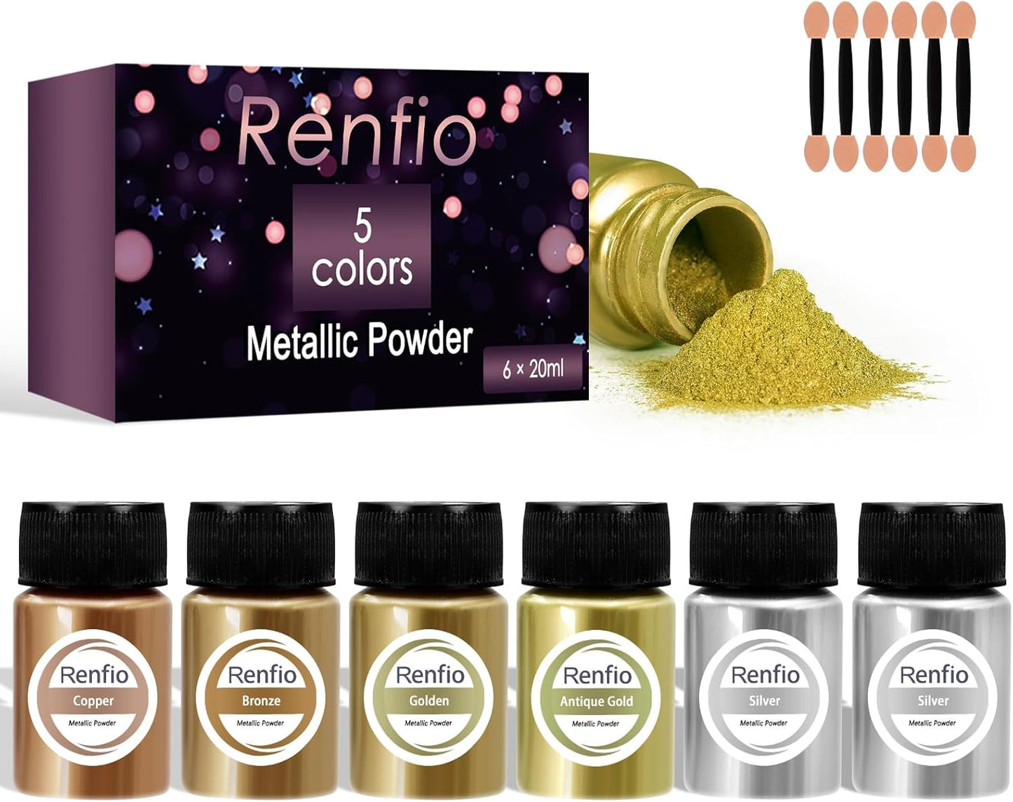 Renfio Metallic Pigment Powder, 5 Colors Gold Mica Powder for Resin, 6 X 20ml Metal Powder, Resin Color Pigment, Color Pigment for Epoxy Resin, Kintsugi, Polymer Clay, Candle Dye