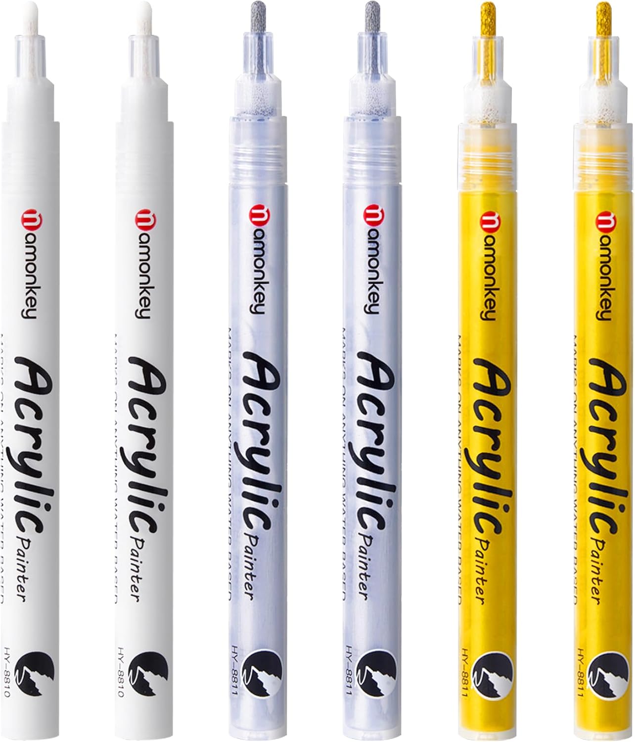 White, Silver & Gold Paint Marker Pens 6 Pack 1.2mm Fine Tip, Permanent Acrylic Ink for Rock, Wood, Metal, Glass, Ceramic, Plastic, Canvas, Pens for DIY Crafts, Art & Fine Detailing