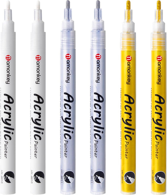 White, Silver & Gold Paint Marker Pens 6 Pack 1.2mm Fine Tip, Permanent Acrylic Ink for Rock, Wood, Metal, Glass, Ceramic, Plastic, Canvas, Pens for DIY Crafts, Art & Fine Detailing