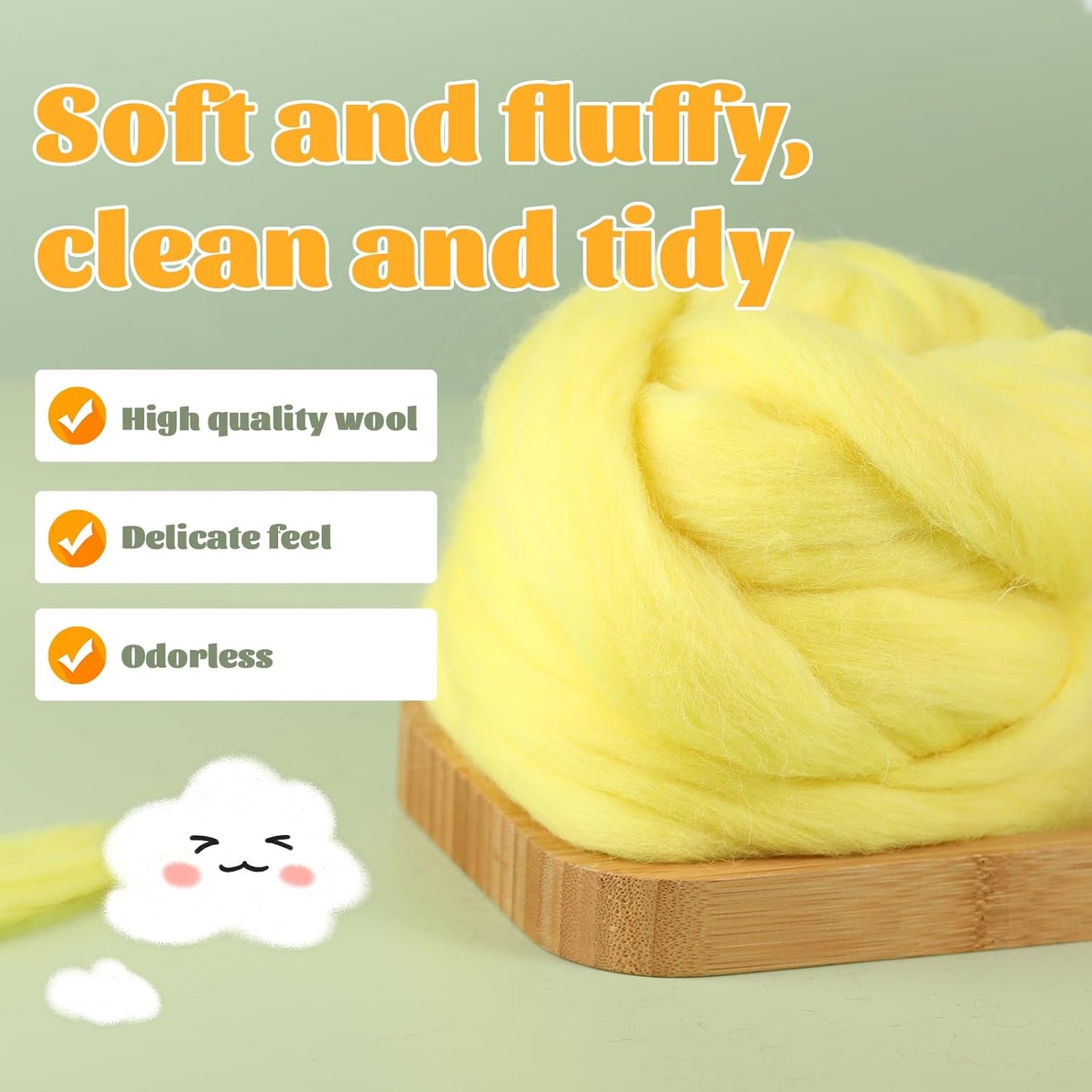 3.53oz Wool Roving Yarn, Fiber Roving Wool Top, Needle Felting Supplies, Pure Wools, Chunky Yarn, Spinning Wools for Needle Felting Wet DIY Hand Spinning (Light Yellow)