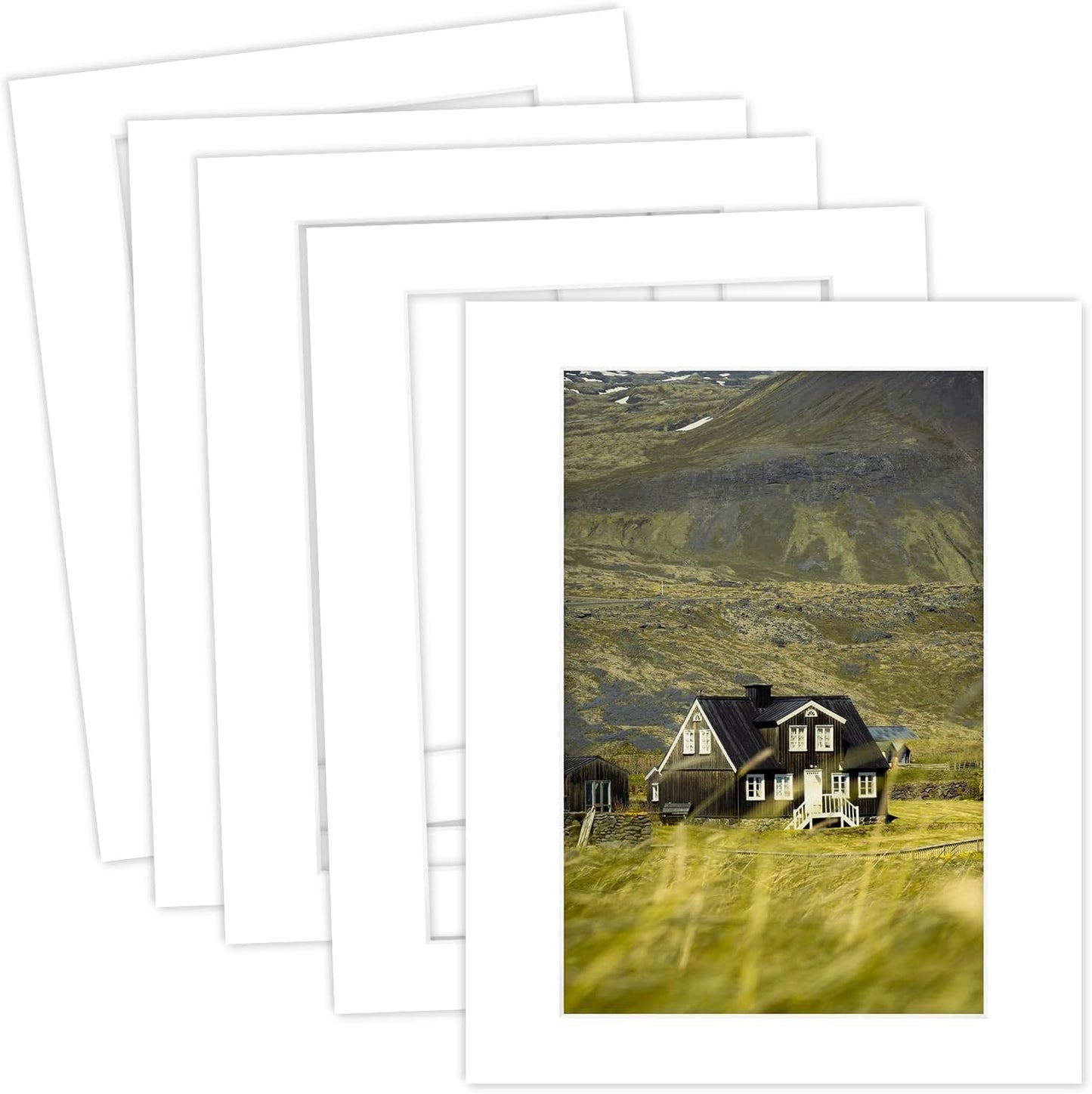 MBC Mat Board Center, 5 Pack 11X14 for 8X12 White Picture Mats Frame Mattes, Bevel Cut, Acid Free, 4-Ply Thickness