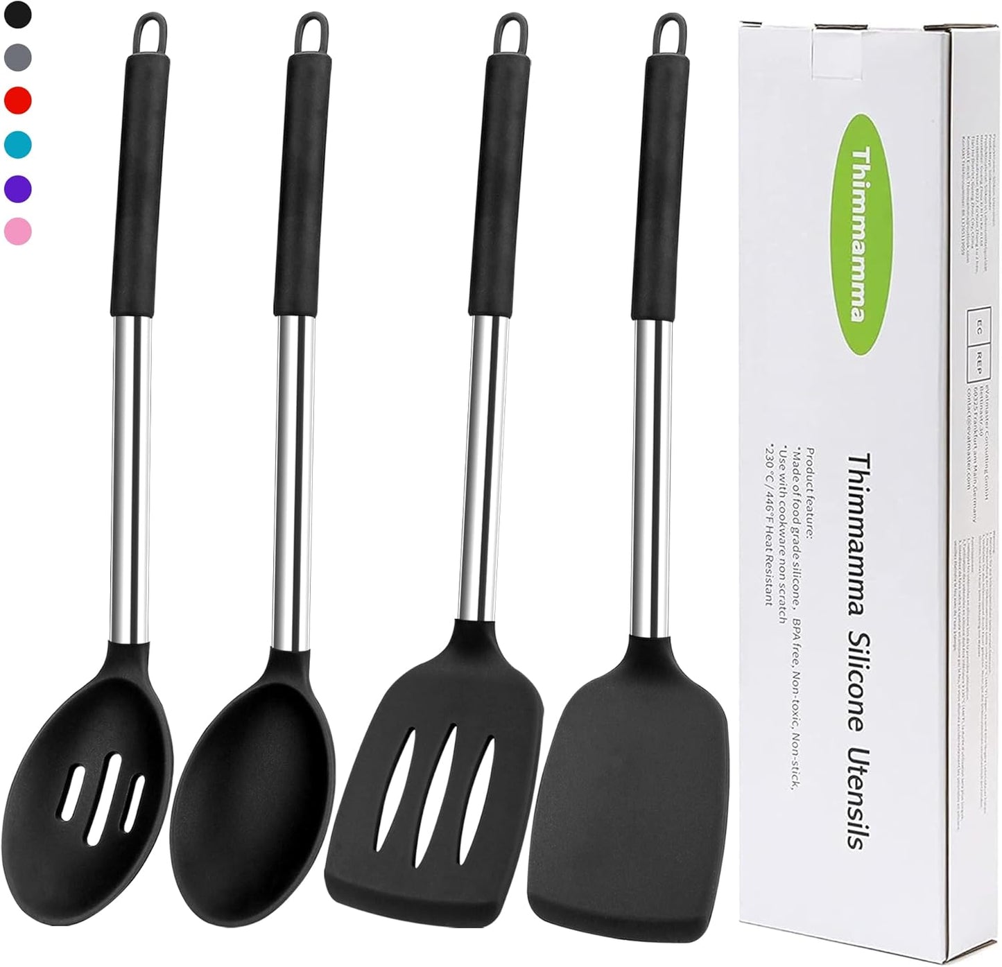 Silicone Spatula Spoon Set, 4 PCS Silicone Cooking Utensils Spatula Spoon Set with Stainless Steel Handle, BPA Free Kitchen Turners for Frying, Mixing, Serving, Draining, Turning, Stirring, Black
