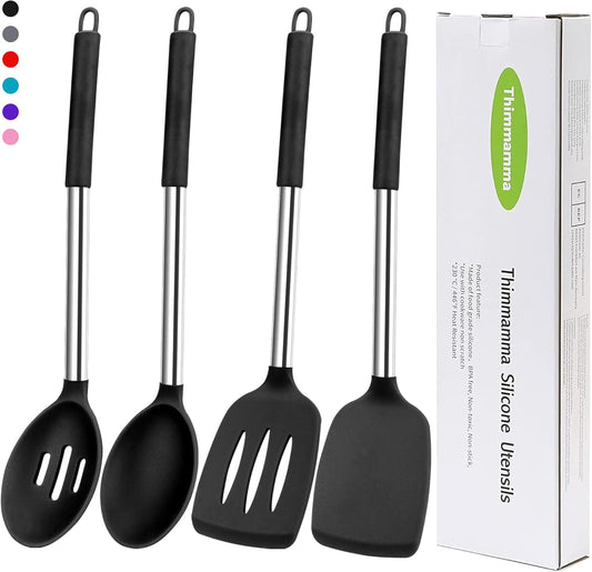 Silicone Spatula Spoon Set, 4 PCS Silicone Cooking Utensils Spatula Spoon Set with Stainless Steel Handle, BPA Free Kitchen Turners for Frying, Mixing, Serving, Draining, Turning, Stirring, Black