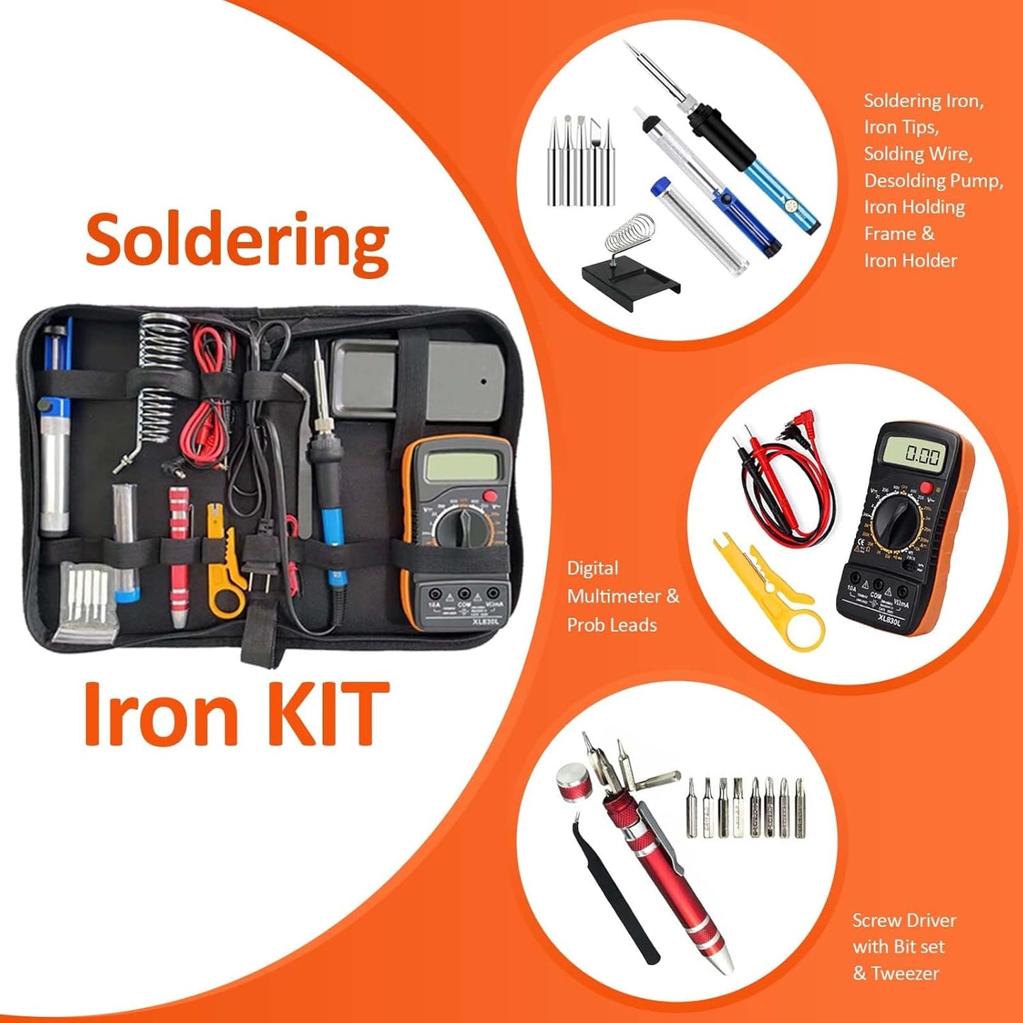 Electric Sodering Iron Kit set 110V 60W Adjustable Temperature Soldering Iron Digital Multimeter 5pcs Soldering Tips Solder Wire Stand, Desoldering Pump Tweezers Welding Tool Screwdriver wire stripper