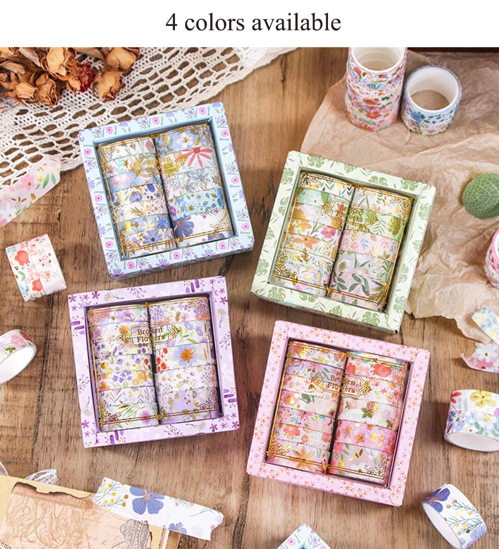 MAFELOE 2 Meters Long 12 Rolls Washi Tape Set, Decorative Adhesive Supplies for Scrapbook Journaling Junk Bullet Art Collage-Floral Print Series-Green (HZ-3Y-SHMJ-01)