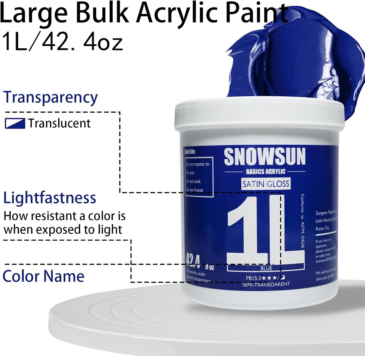 SNOWSUN Blue Acrylic Paints, Large Bulk Heavy Body Acrylic Paint (42.4 oz, 1L) - Non Toxic Gloss Thick Art Paint for Multi-Surface, Canvas Wood Ceramic and Leather, Stone Craft, for Artists & Beginners
