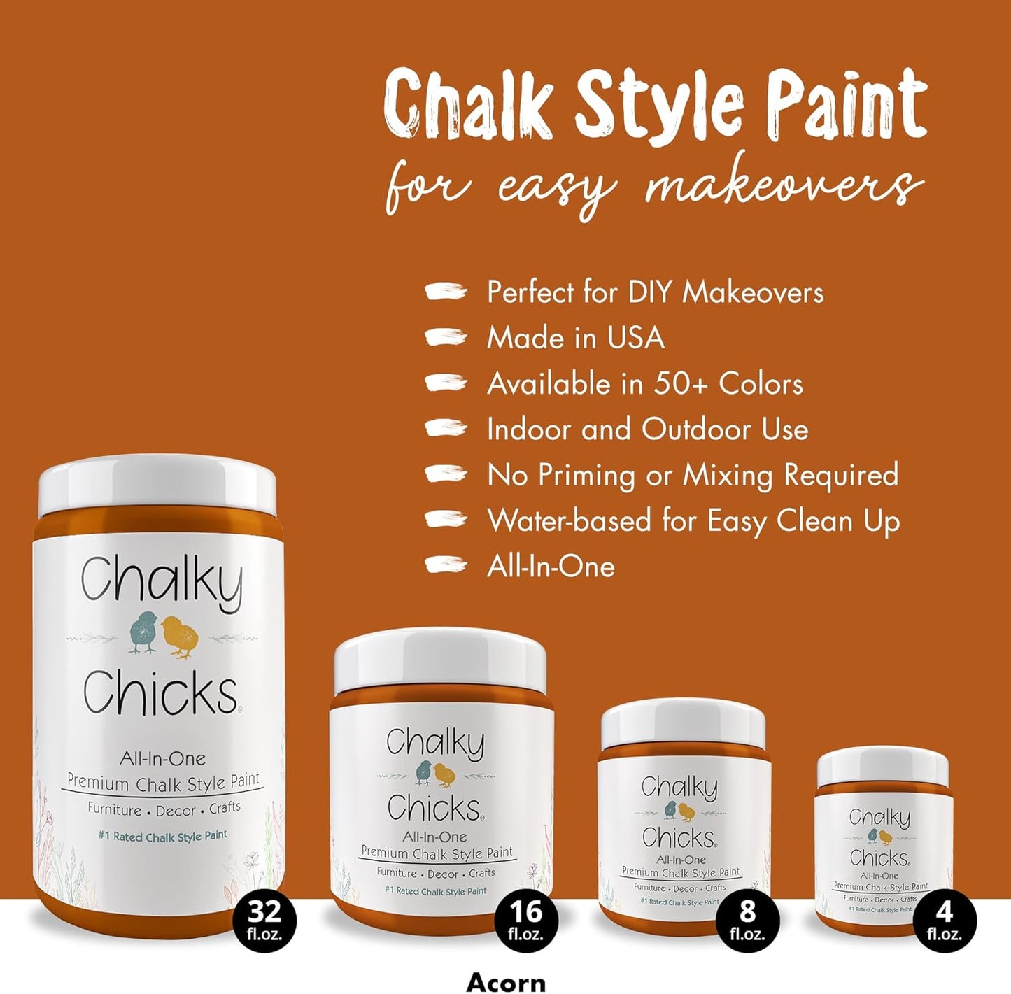 Chalky Chicks All-in-One Chalk Paint for Furniture or Cabinet - 16 Fl Oz - Matte Finish Acorn Orange for Metal, Wood Furniture Paint - No Sanding All-in-One for Home Decor & Crafts, USA Made