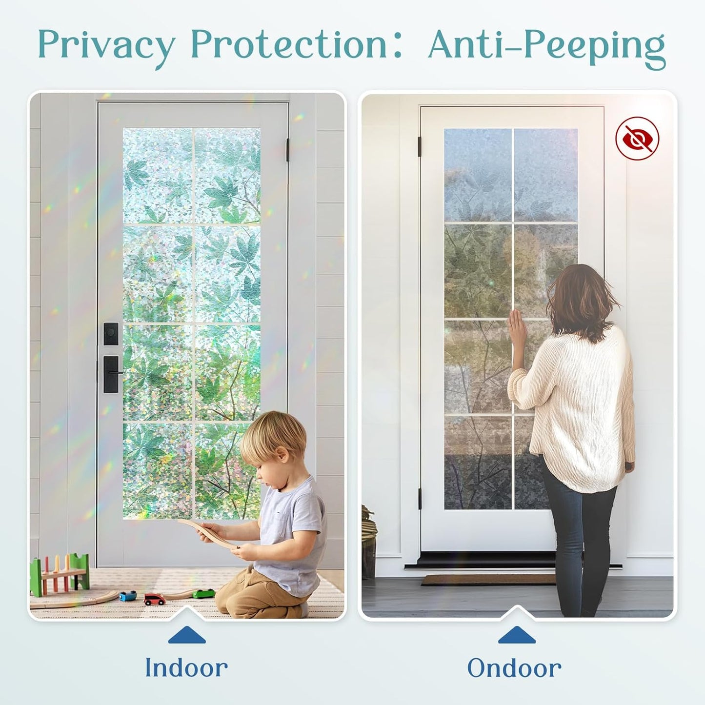 Haton Window Privacy Film, Decorative Stained Glass Window Clings, 3D UV Sun Blocking Sticker, Removable Static Cling Heat Control Tint for Home Door, Leaf Rainbow, 23.6" x 78.7" Non-Adhesive