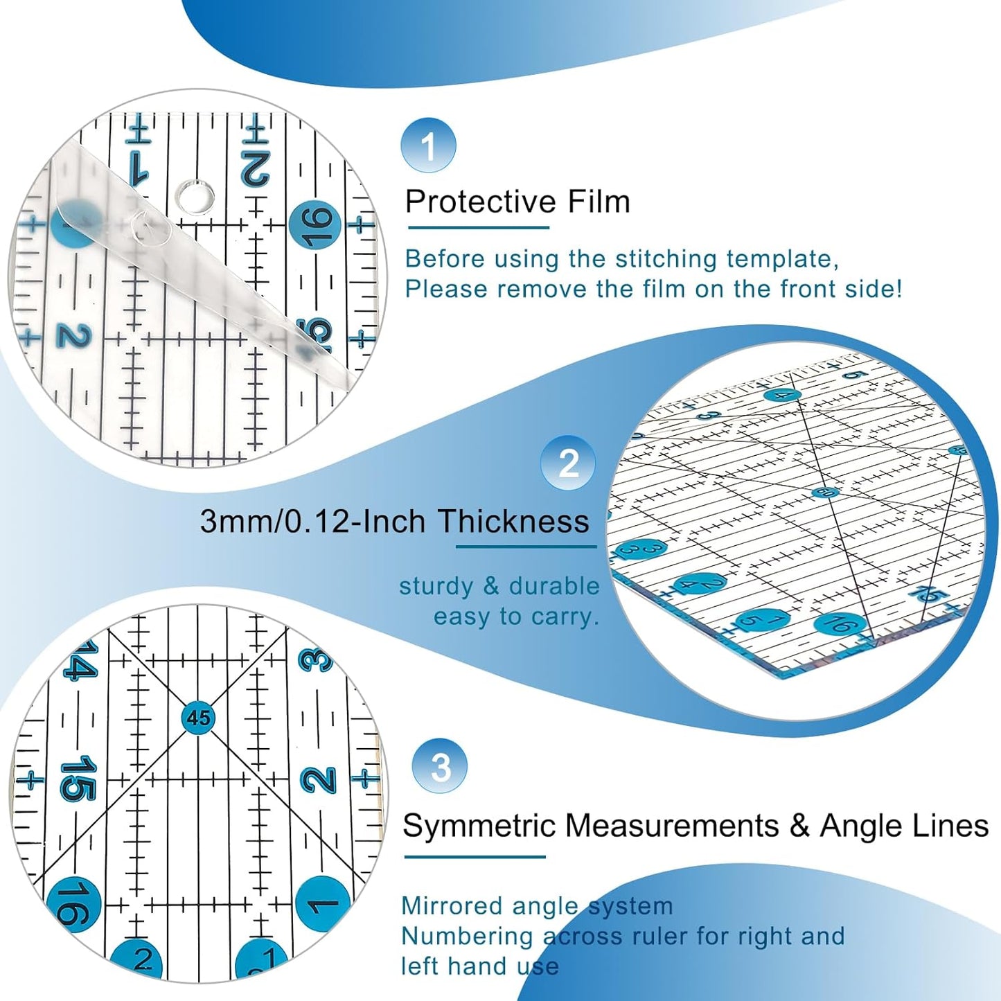 Quilting Ruler, Sewing Ruler, 8 Pack, Acrylic Quilting Templates(6"x17", 3"x17", 2"x16", 1.5"x12", 1"x12", 1"x6", 8"x3"), Non Slip Rings 25 Pieces, Sewing and Quilting Supplies - Clear/Blue