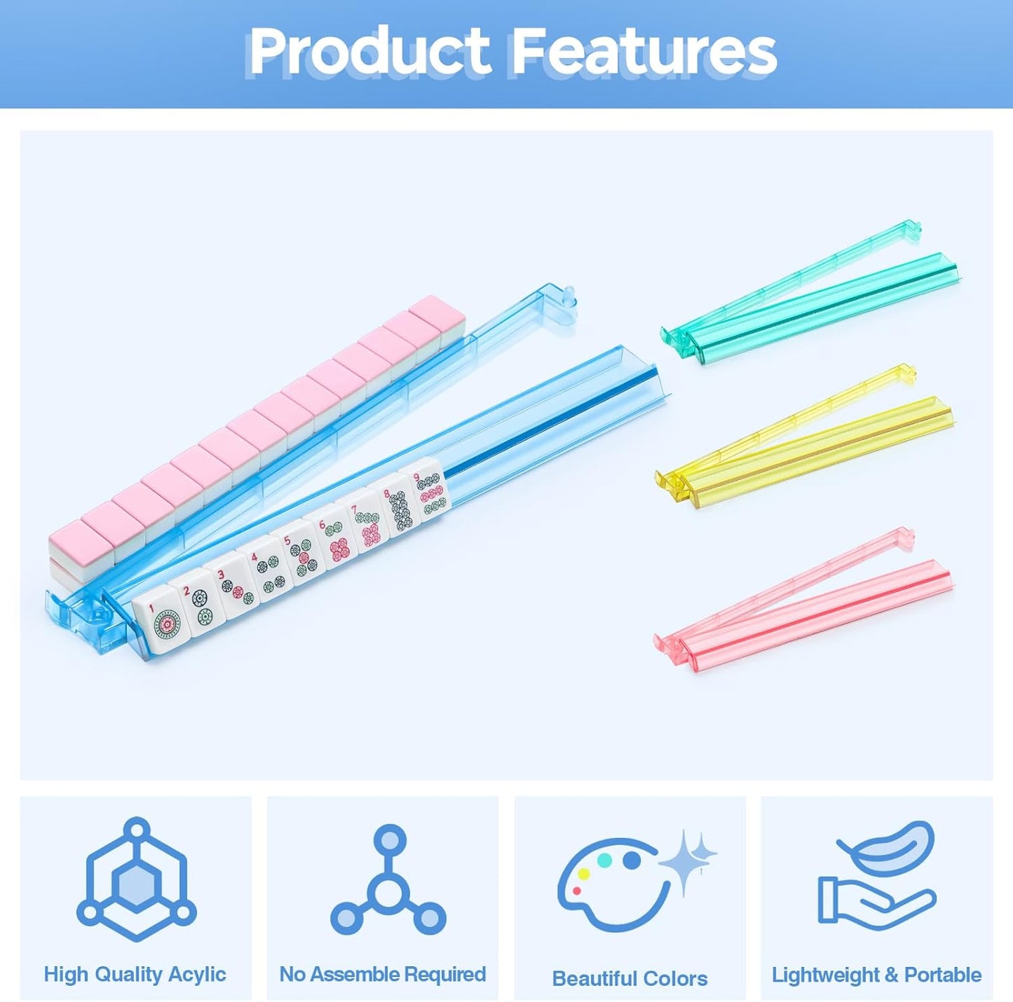 Mahjong Racks with Pushers Set of 4, Mahjong Tile Pushers and Racks, Acrylic Majiang Tile Holders Accessories (4 Colors)