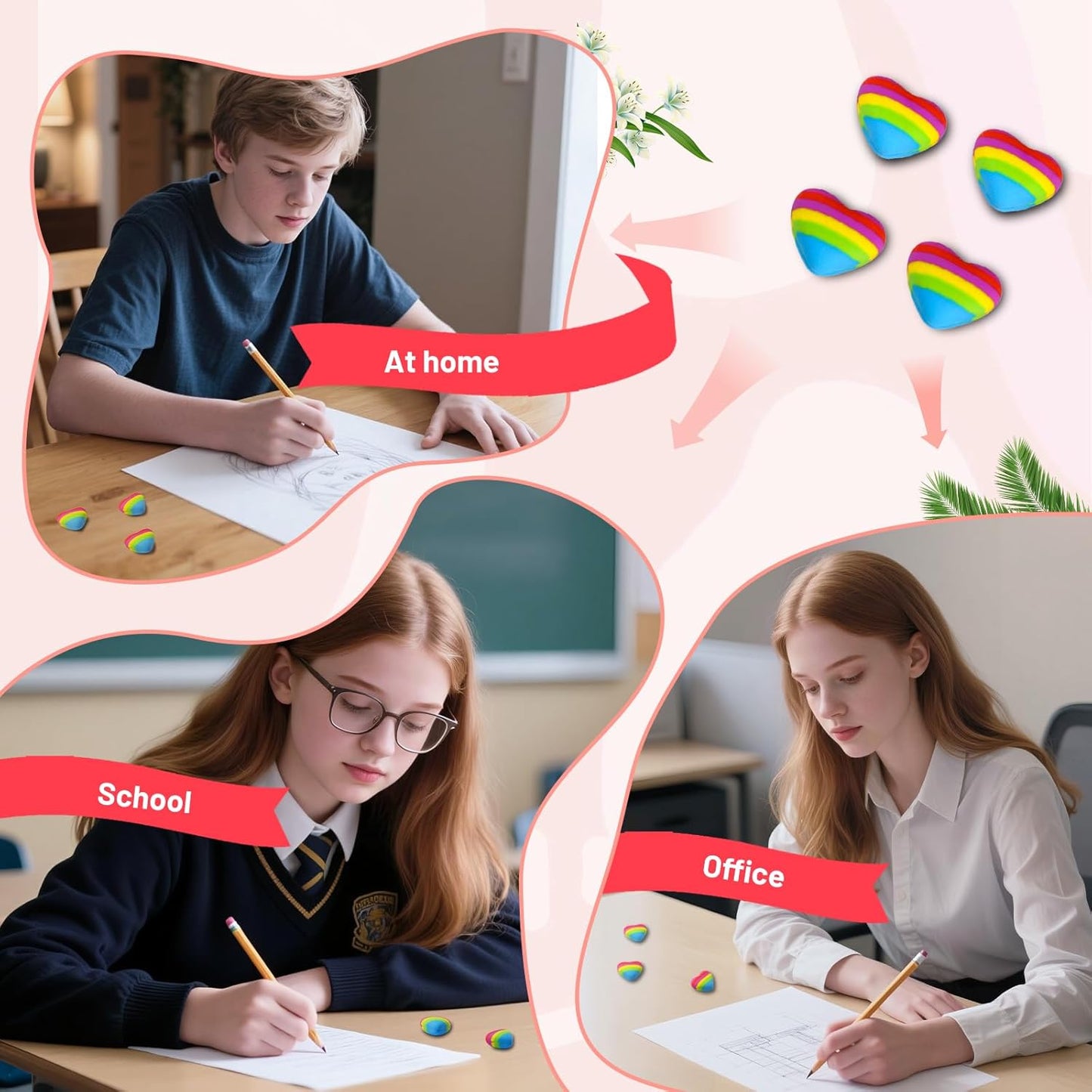 AmoreAngel Crafts 16 Pcs Heart Shaped Erasers，Pencil Erasers，Easy to Hold Rainbow Colorful Eraser，Pink Erasers,Back to School Supplies，Office Use