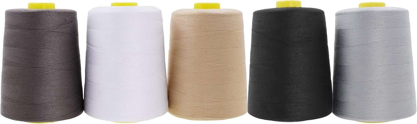 Mandala Crafts 5 Pack of Serger Threads Cones Spools - 20S/2 30000 Yards Polyester Assorted Neutral Colors Threads for Sergers Machine and Overlock Quilting Sewing Machine