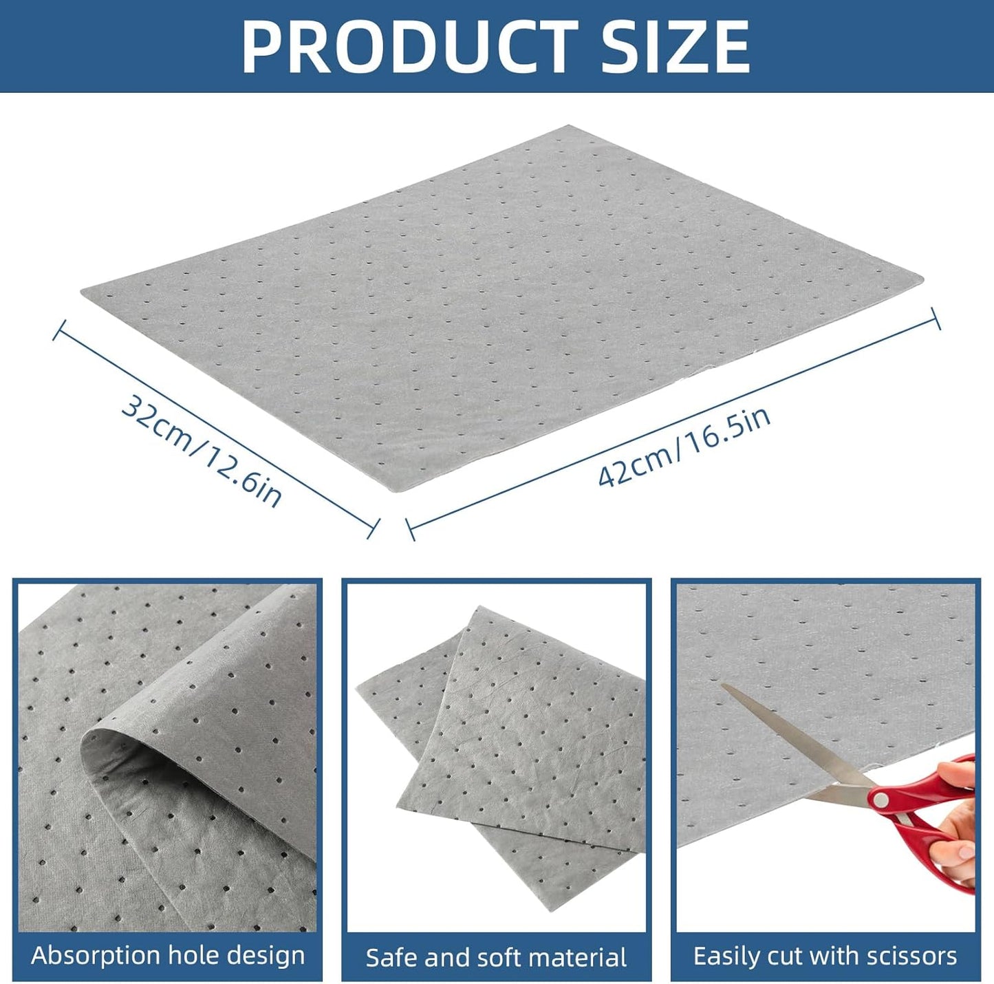 200 PCS Oil Absorbent Pads, 16.5" x 12.6" x 2mm Universal Spill Absorbent Pads Heavy Weight Absorbent Mat Pads for Absorbing Water, Oil, Grease, Coolant, and Other Fluids (Gray)