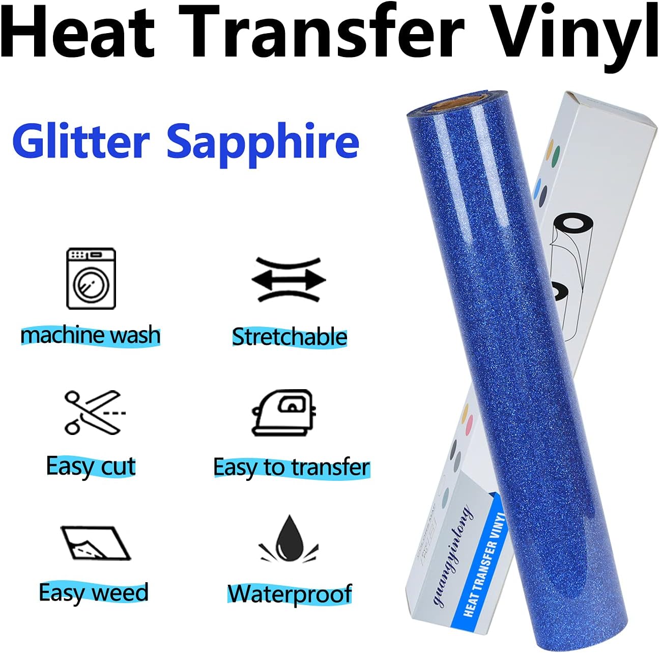 guangyintong Glitter Blue Heat Transfer Vinyl HTV Rolls, 12" x 8ft Iron on Vinyl for T-Shirts Glitter Blue HTV Vinyl for All Cutter Machines Easy to Cut & Weed for Heat Vinyl Design