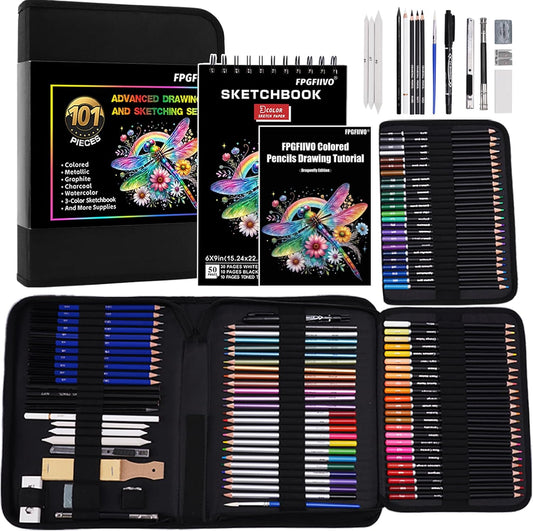 FPGFIIVO 151 Pcs Sketch Art Set, Art Supplies with 3-Color Sketchbook and Tutorial, Colored, Watercolor, Metallic, Graphite, Charcoal Pencils, Drawing Set Gifts for Artists Adults Kids Teens Beginner