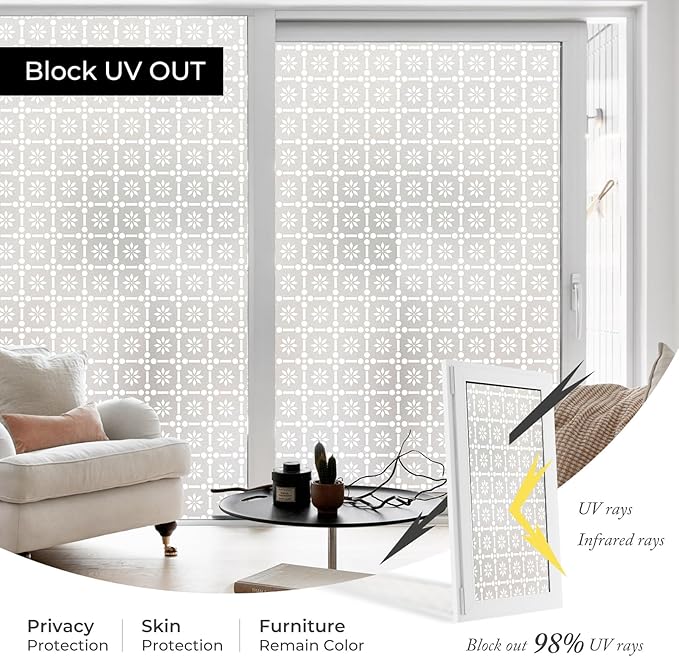 Window Privacy Film, Frosted Glass Decorative Static Cling, Removable Sun Blocking Vinyl Covering,Window Film for Home Kitchen Living Room Bathroom, ‌Floral Grid‌, 17.3" x 78.7"