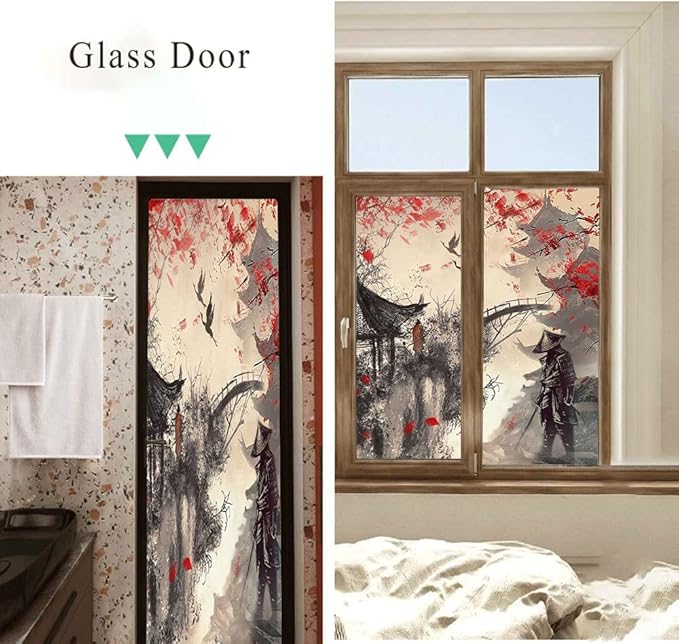 Vintage Japanese Samurai Air Window Film Watercolor Ink Ancient Cherry Blossom Red Sunblackout Window Film,Playroom Window Film 35.4Wx78.7L-Inch X2Pcs