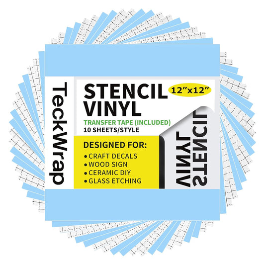 TECKWRAP Blue Stencil Vinyl Adhesive Masking Film with Anti-Bleed Technology & Black Grid Transfer Tape, 12”X12” 10 Sheets/Style, Permanent Adhesive Vinyl, DIY Decals, Signs, Windows, Stickers