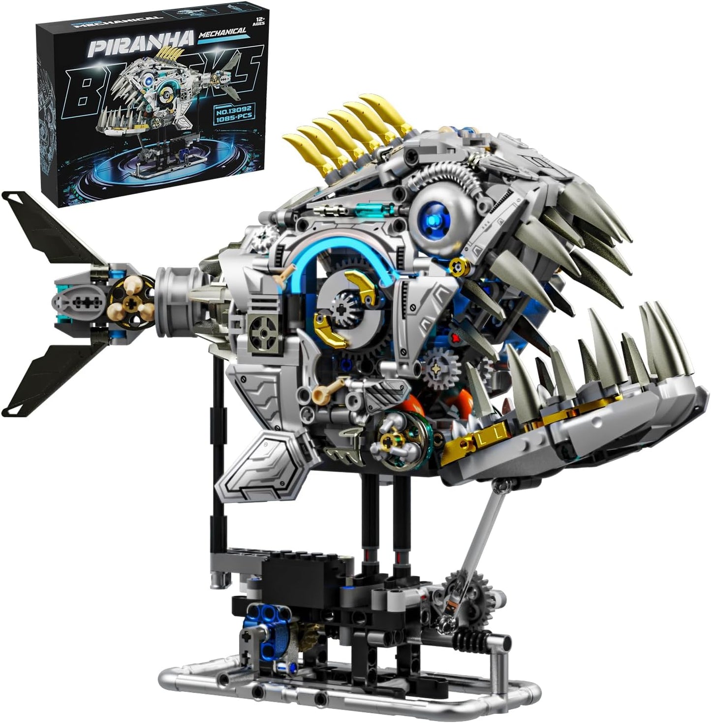 Mechanical Piranha Building Sets, Ocean Animal Collection Toy, Multi-Jointed Movement with Ice Blue Accents, Adults Home or Office Decor, STEM Building Gift for Teens Boys and Girls 12+（1085 PCS)