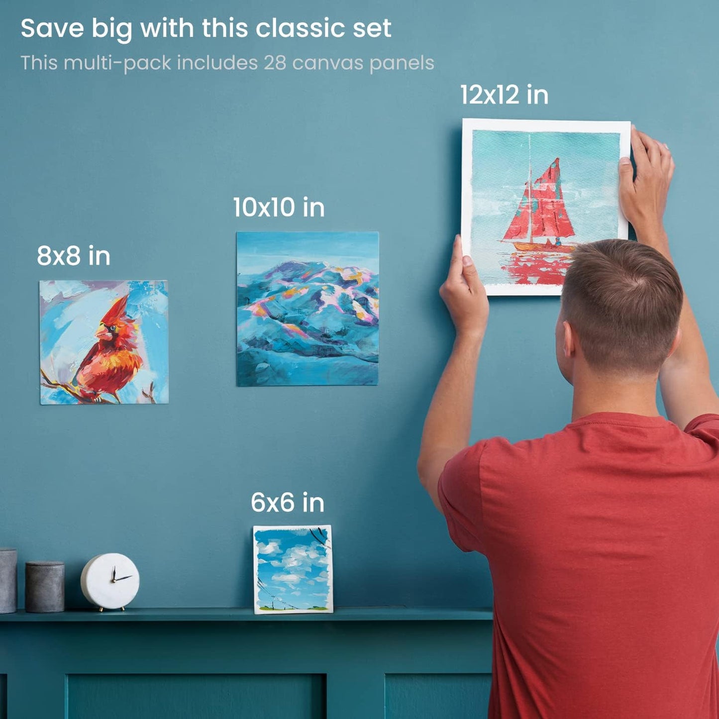 ARTEZA Canvas Boards for Painting, 6 x 6, 8 x 8, 10 x 10, 12 x 12 Inches, Multipack of 28, Blank White Canvas for Acrylic, Oil and Gouache Painting