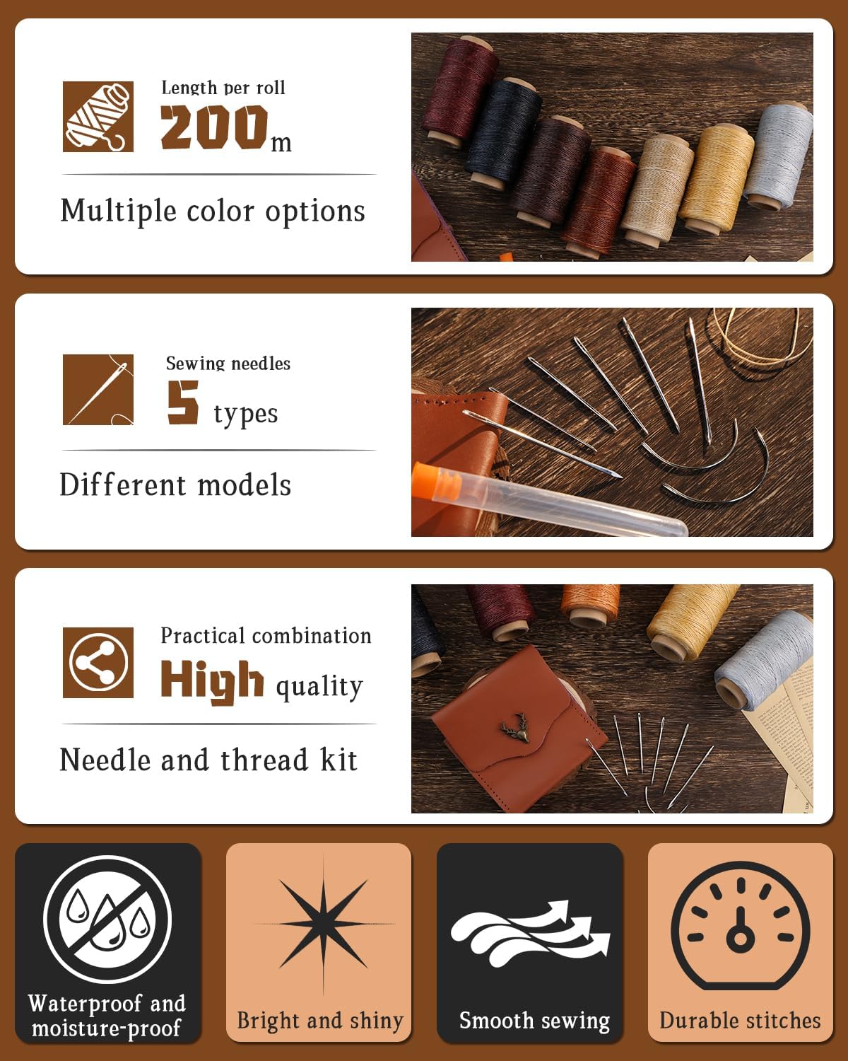 DIUDUS 218 Yards Upholstery Thread, Waxed Thread with Upholstery Needle, Heavy Duty Sewing Kit for Hand Sewing Carseat Sofa Leather Repair