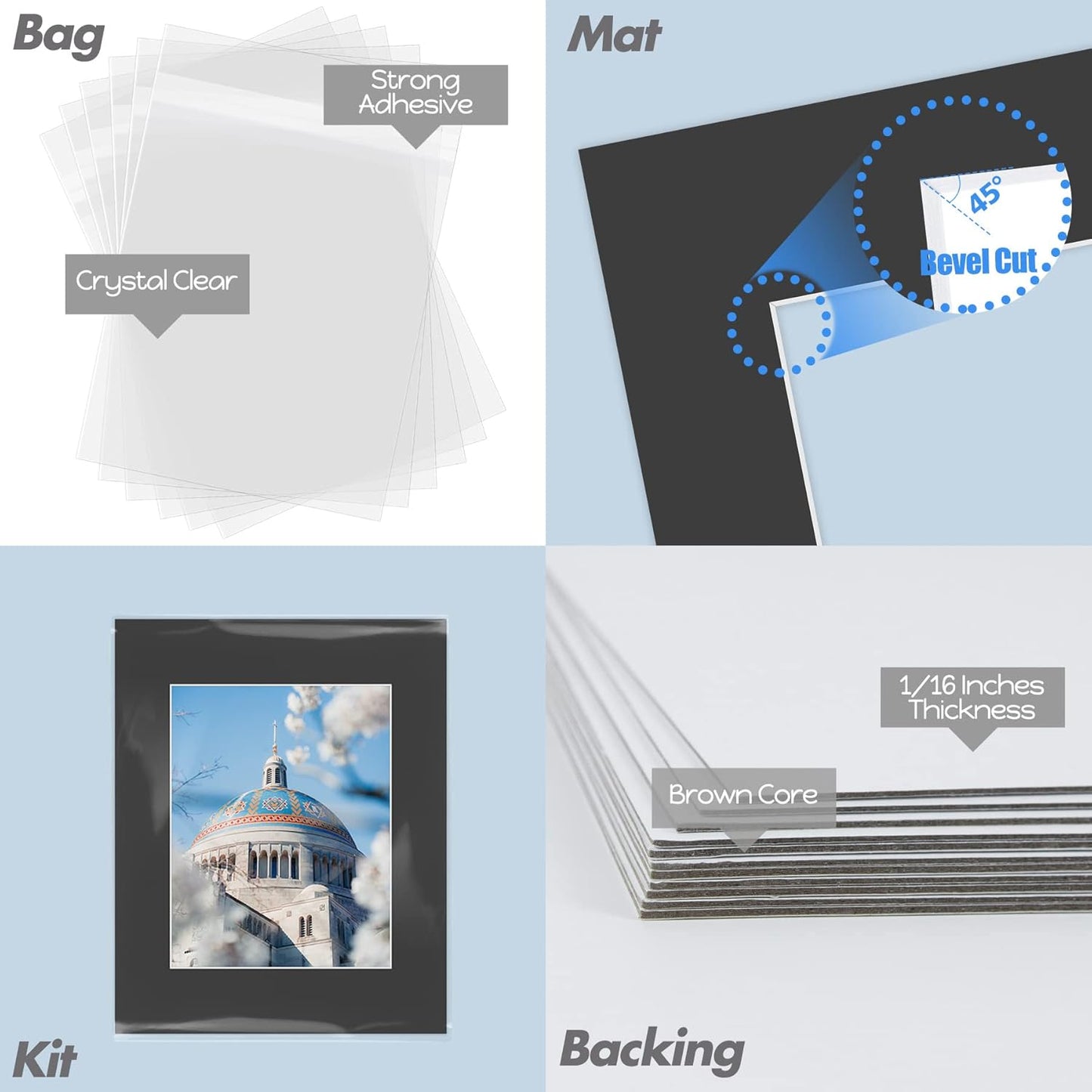 Mat Board Center, Pack of 25, 16x20 for 11x14 Black Picture Mat Sets - Acid Free, 4-ply Thickness, Bevel Pre-Cut White Core - Includes Backing Boards and Clear Bags - for Pictures, Photos, Framing