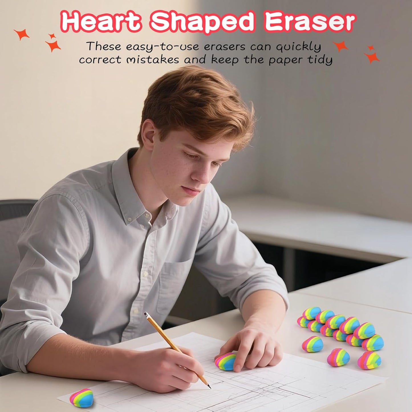 AmoreAngel Crafts 16 Pcs Heart Shaped Erasers，Pencil Erasers，Easy to Hold Rainbow Colorful Eraser，Pink Erasers,Back to School Supplies，Office Use