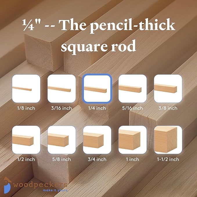 Wood Square Dowel Rods 1/4-inch x 12 Pack of 250 Wooden Craft Sticks for Crafts and Woodworking by Woodpeckers