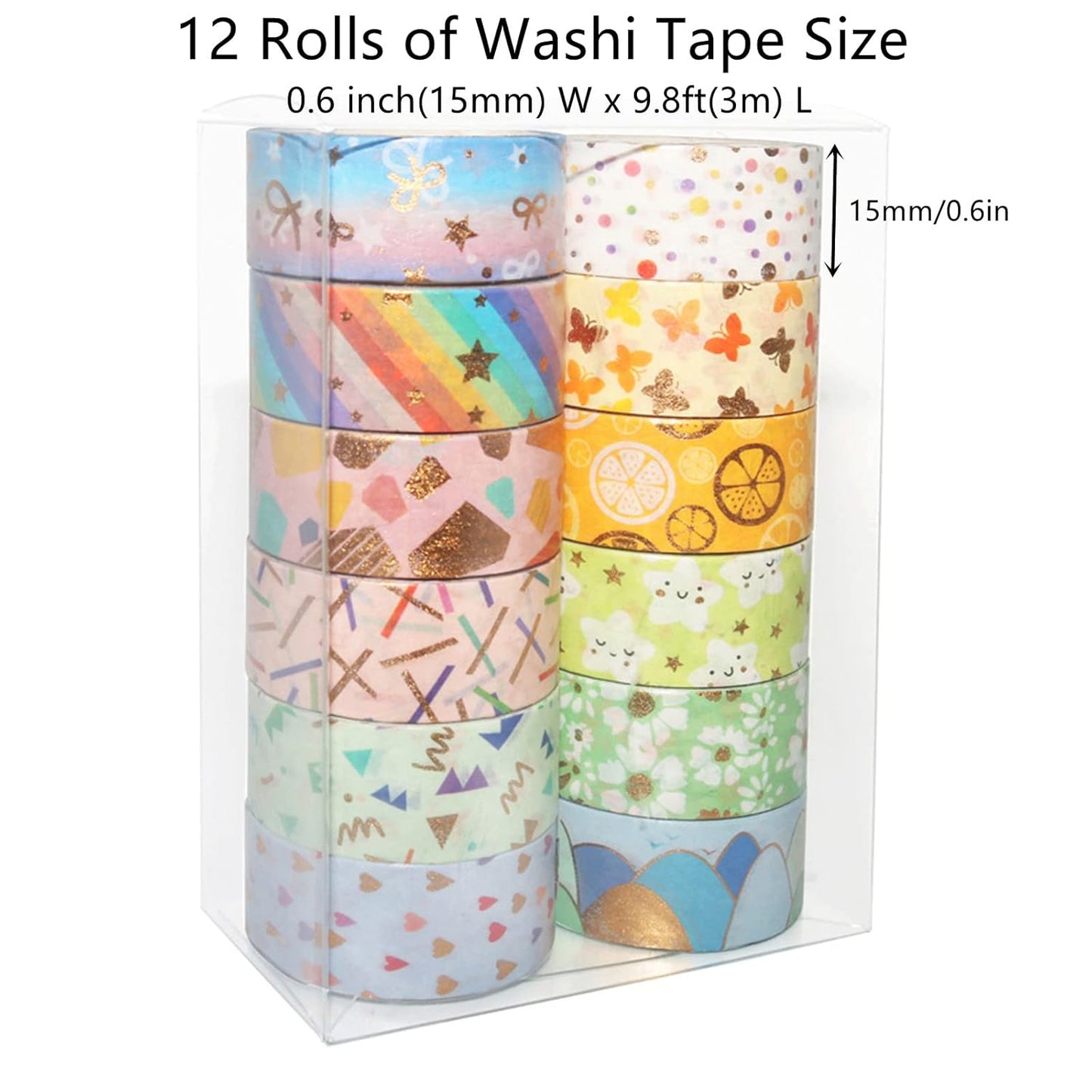 Candy Color Washi Tape Set 12 Rolls Bronzing Decorative Holiday Arts and Craft Washi Masking Tapes for Scrapbooking,Bullet Journal, Planner,Gift Wrapping, Stationery