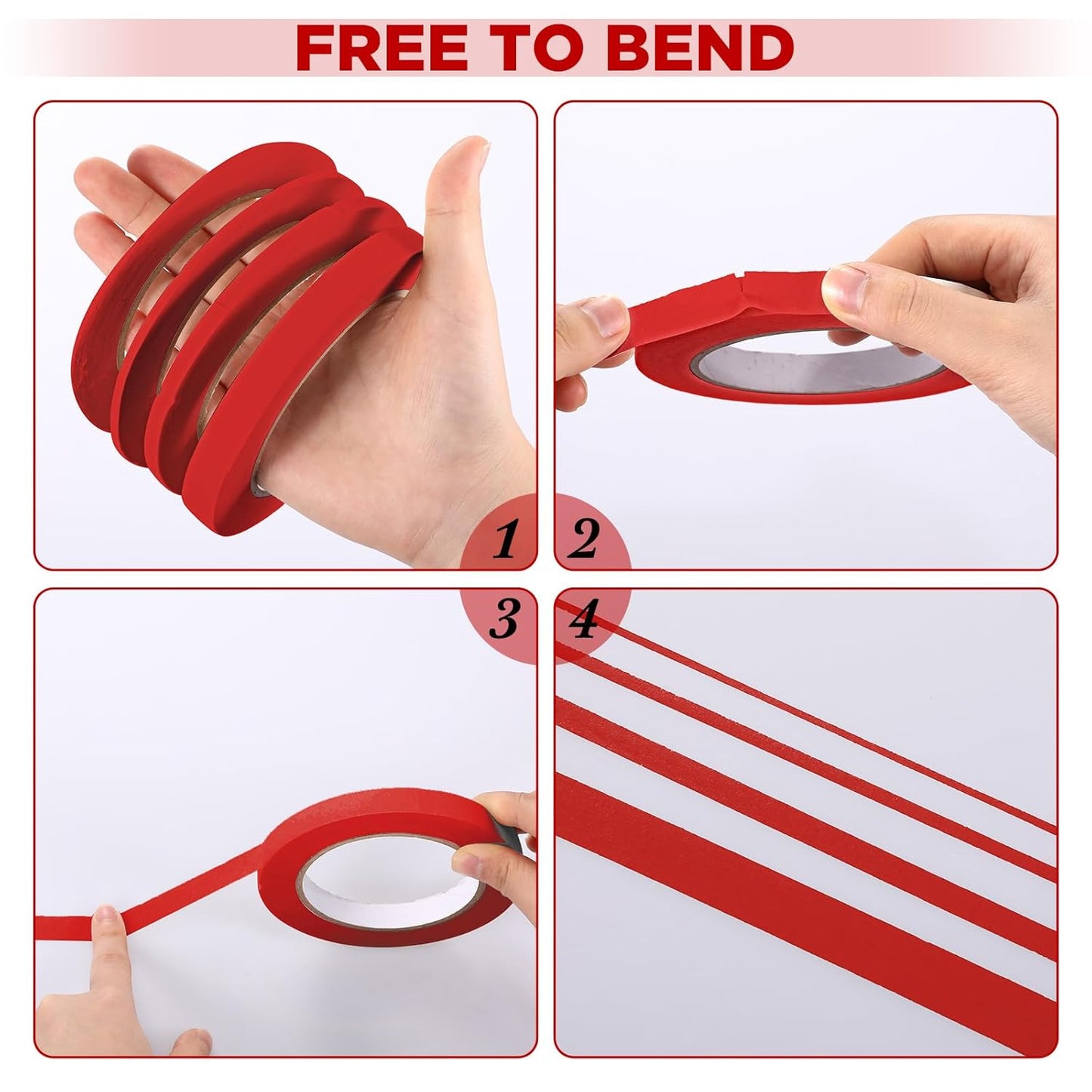 Epakh 4 Rolls Pinstripe Tape, Masking Tape in 1/16, 1/8, 1/4 and 1/2 Inch Wide, for Painters Automotive DIY Car Auto Paint Art (Red,55 yd)