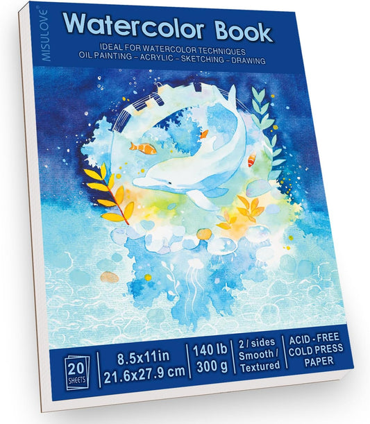 MISULOVE Watercolor Paper Pad, 8.5" x 11", Cold Press,140lb(300gsm), 20 Sheets Water Color Paper, Watercolor Workbook, Sketchbook for Wet and Dry Media, Journal, for Students and Beginners (White)