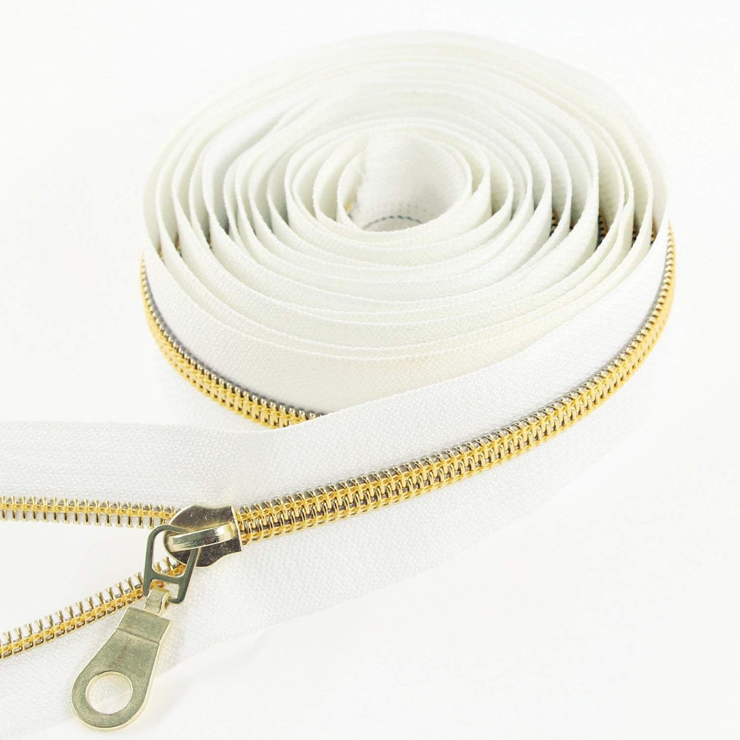 Leekayer White Nylon Zipper #5 Gold Metallic Nylon Coil Teeth Zipper by The Yards Bulk 10 Yards Tape with 25pcs Gold Sliders for DIY Sewing Tailor Craft Bag(White)