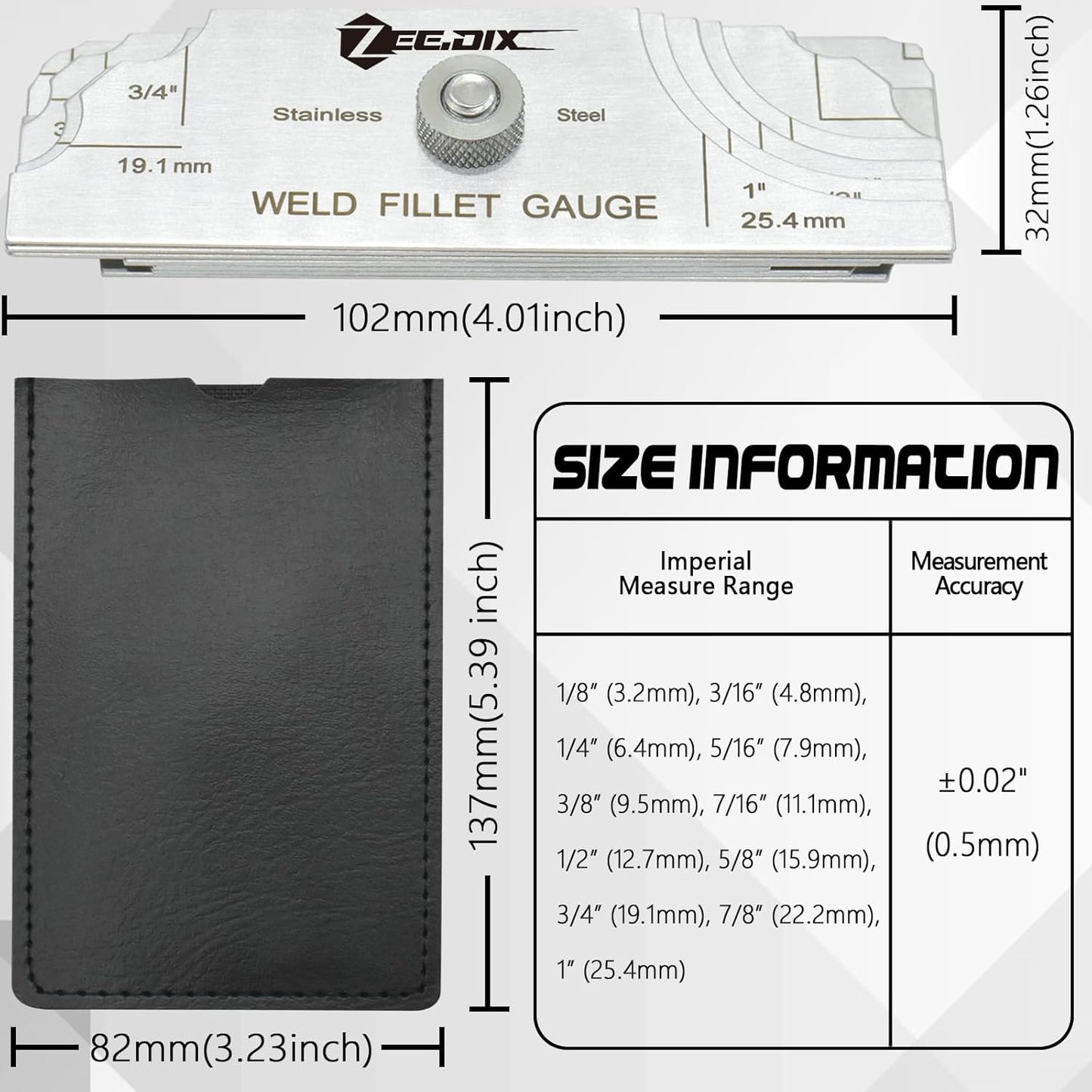 ZeeDix Metal Fillet Weld Gauge Set, Stainless Steel Welding Inspection Gauge Tool(1/8" - 1") Ulnar Metric & Inch