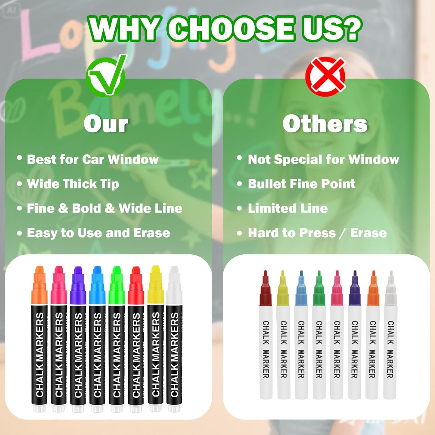 Liquid Chalk Markers for Blackboard, Jumbo Window Markers Chalk Pen with 7mm Thick Wide Tip for Car Glass Poster Halloween Christmas Decorations, Stocking Stuffers for Teen Girls Boys, 8 Pack